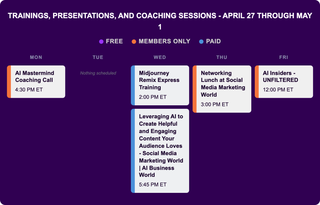 upcoming ai trainings and coaching sessions from White Beard Strategies